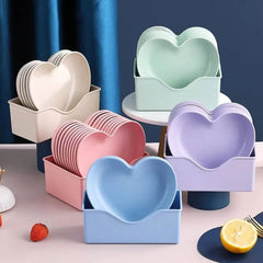 Kitchen Accessories Heart Plastic Dinner Plate Set Set of 10 Pcs Colorful Snacks Breakfast Plate with Stand Kitchen Tools 10Pcs MultiColor