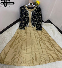 2 Pcs Women's Stitched Silk Plain Maxi With Embroidered Jacket