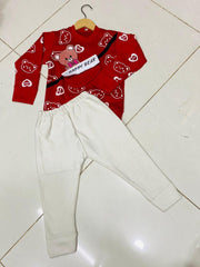 Kids Printed Fleece Tracksuit - 2 Pcs Red Set for Boys and Girls