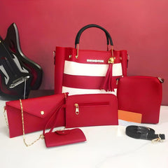 Chic Red PU Leather Hand Bag Set for Girls - 5 Piece Stylish Collection