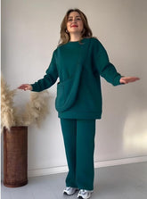 Comfortable Fleece Sweatshirt Tracksuit - 2 Pcs Set in Green