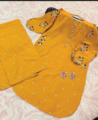 Chic Mustard Embroidered Shirt and Trouser Set - 2 Pcs