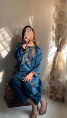 2 Pcs Women's Stitched Linen Sequins Embroidered Shirt And Trouser