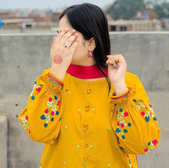Chic Mustard Embroidered Shirt and Trouser Set - 2 Pcs