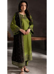 Women's Stitched Embroidered Linen Suit - 3 Pcs in Green