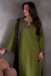 Women's Stitched Embroidered Linen Suit - 3 Pcs in Green