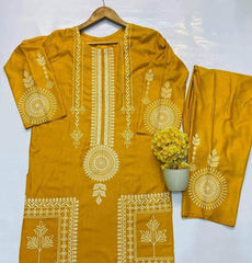 2 Pcs Women's Stitched Linen Block Printed Suit