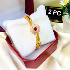 2 Pcs Gold Plated Indian Design Kara Bangles with Red Gemstone