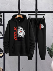 Men's Printed Fleece Hoodie Track Suit - 2 Pcs Set, Speed black