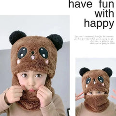 Girls Boys Winter Hat scarf One Piece Cute Warm Ear and neck Protection Winter Warm Fleece Cute Cartoon Panda Hats Windproof