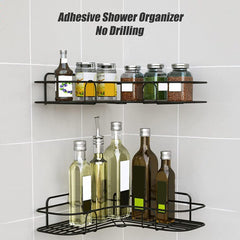 Bathroom Kitchen Punch Corner Frame Shower Shelf Wrought Iron Shampoo Storage Rack