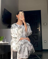 Stylish Women's Stitched Printed Shirt and Trouser Set, 2 Pcs, Arabic Linen