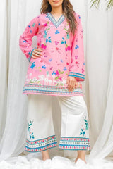 Stylish Printed V-Neck Shirt and Plain Trouser Set - 2 Pcs for Women