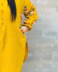 Chic Mustard Embroidered Shirt and Trouser Set - 2 Pcs