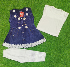 Charming Denim Frock And Trouser Set For Girls - 3 Pcs