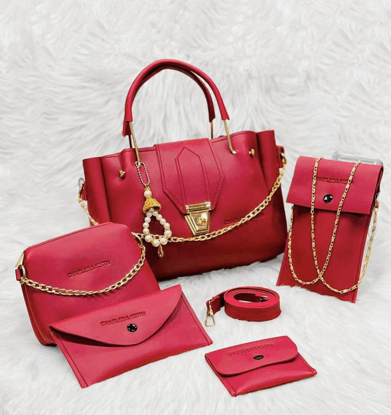 5 Pcs Women's PU Leather Plain Hand Bag Set