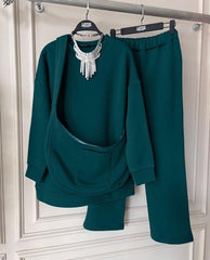 Comfortable Fleece Sweatshirt Tracksuit - 2 Pcs Set in Green