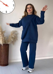 Cozy Blue Fleece Sweatshirt Tracksuit - 2 Pcs Set