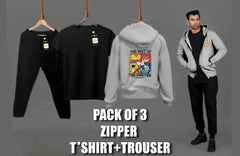 Men's Fleece Zipper Track Suit - 3 Pcs Set in Black