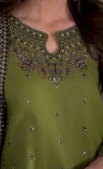 Women's Stitched Embroidered Linen Suit - 3 Pcs in Green