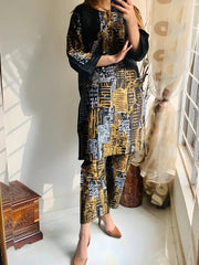 2 Pcs Women's Stitched Linen Block Printed Shirt And Trouser