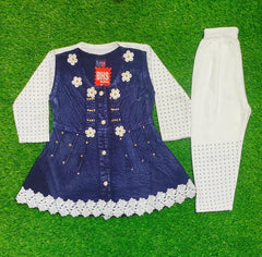 Charming Denim Frock And Trouser Set For Girls - 3 Pcs