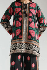 Stylish Printed V-Neck Shirt and Plain Trouser Set - 2 Pcs for Women