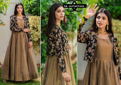 2 Pcs Women's Stitched Silk Plain Maxi With Embroidered Jacket