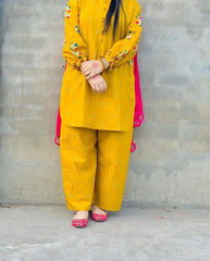 Chic Mustard Embroidered Shirt and Trouser Set - 2 Pcs