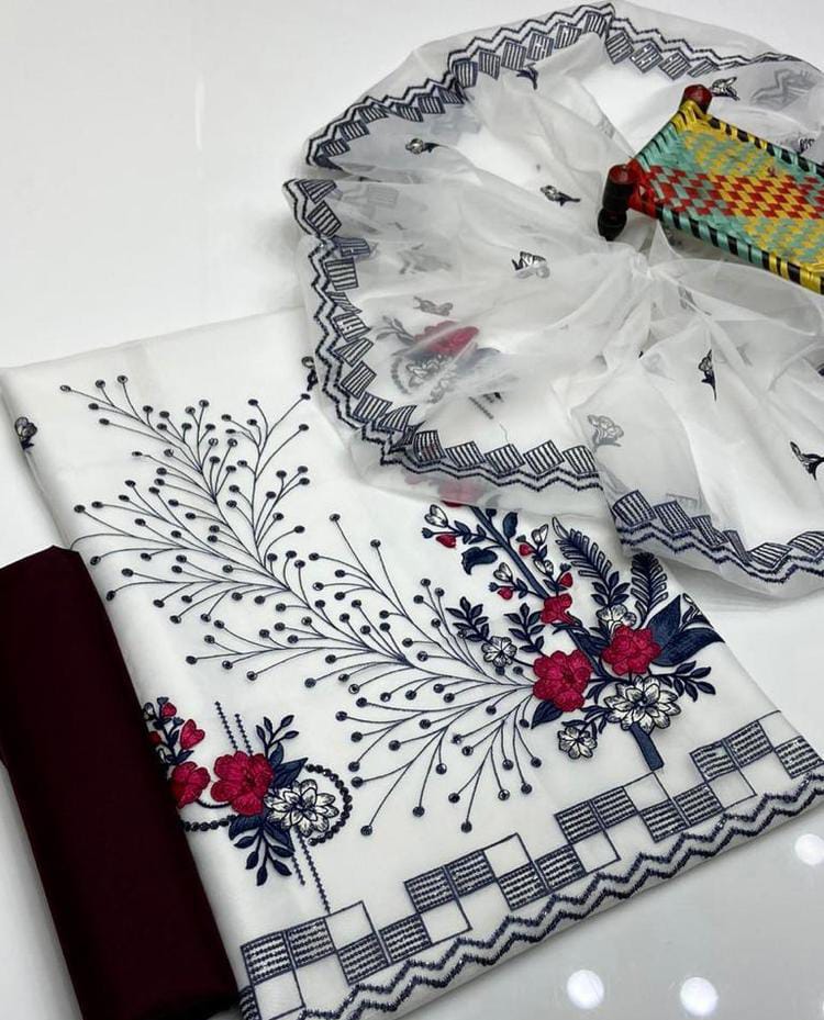3 Pcs Women's Unstitched Organza Embroidered Suit