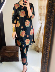 2 Pcs Women's Stitched Linen Embroidered Shirt And Trouser