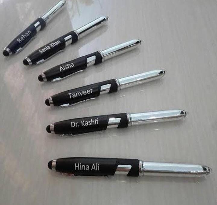 Name Pen With Stylus, Torch & Mobile Holder