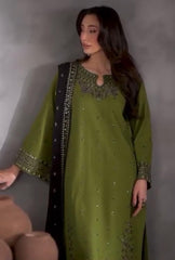 Women's Stitched Embroidered Linen Suit - 3 Pcs in Green