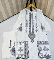 2 Pcs Women's Stitched Linen Block Printed Suit