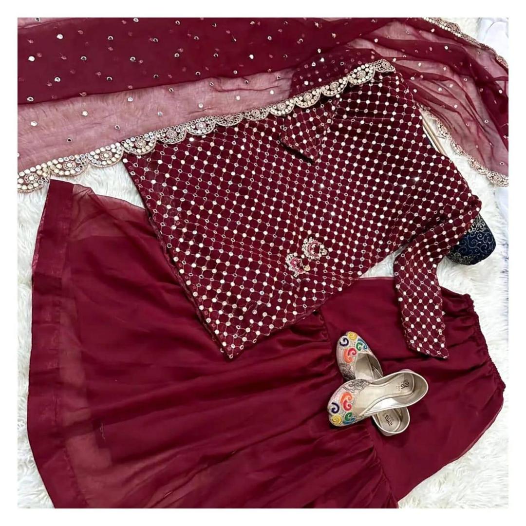 3 Pcs Women's Stitched Mirror Work Suit