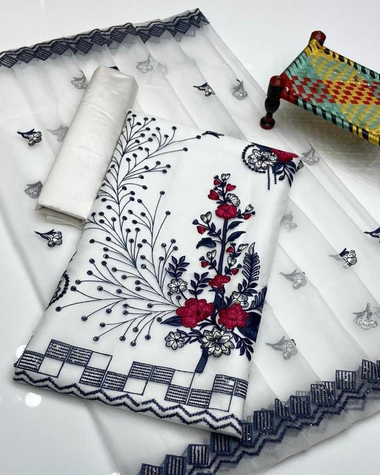 3 Pcs Women's Unstitched Organza Embroidered Suit