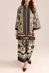 Stylish Printed V-Neck Shirt and Plain Trouser Set - 2 Pcs for Women