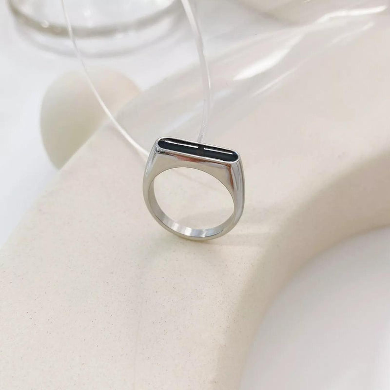 Modern Design Stainless Steel Men's Ring with Black Gemstone - 1 Pc (Silver)