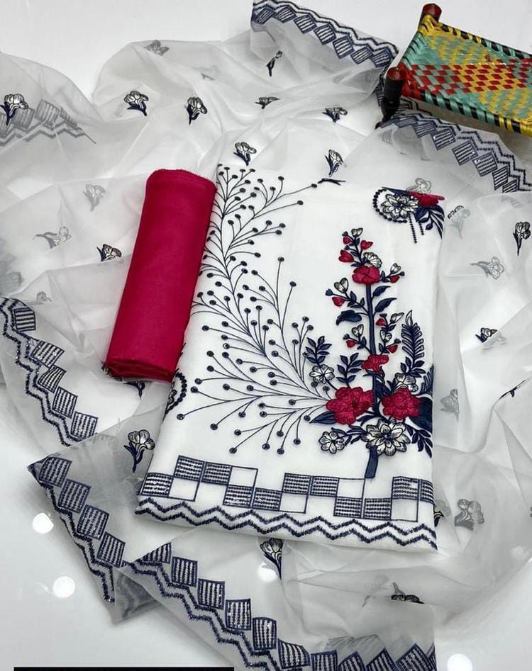 3 Pcs Women's Unstitched Organza Embroidered Suit