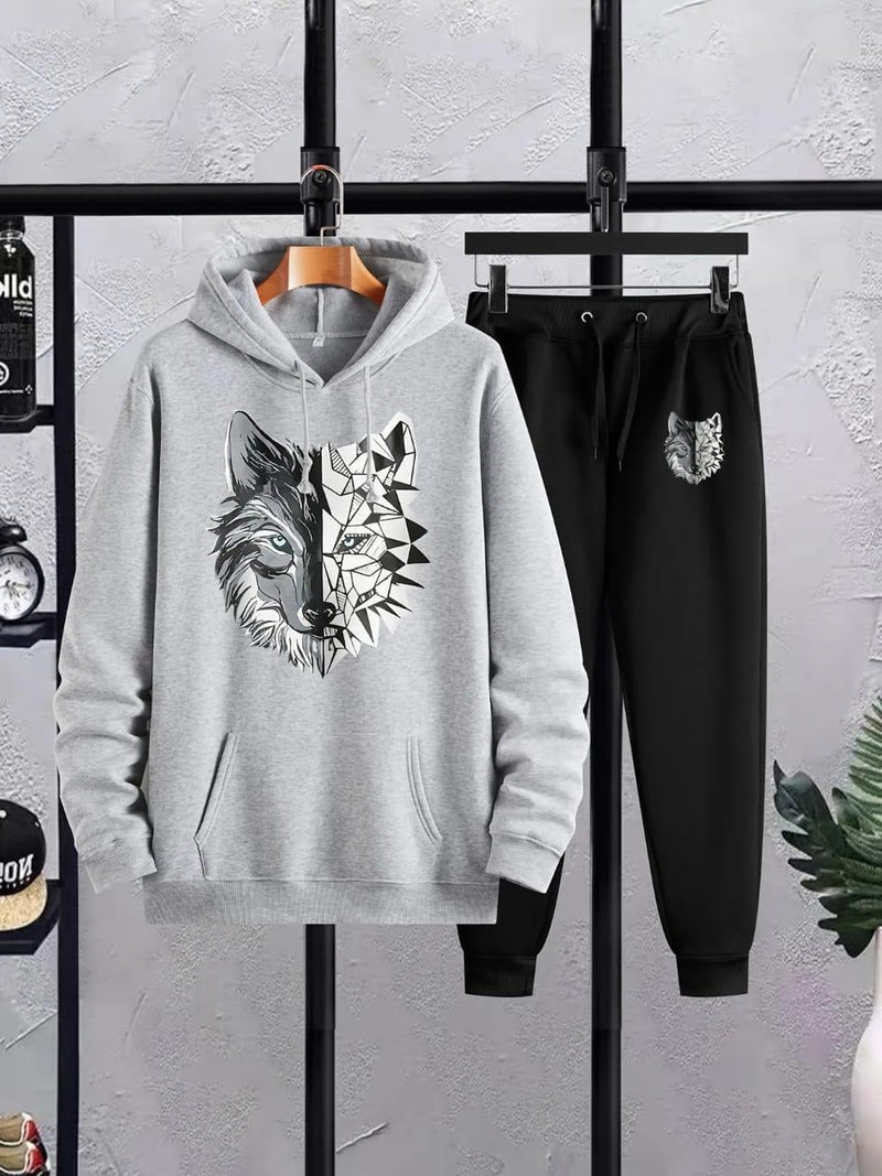 Men's Printed Fleece Hoodie Track Suit - 2 Pcs Set, Speed Gray