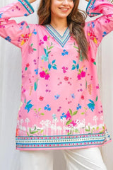 Stylish Printed V-Neck Shirt and Plain Trouser Set - 2 Pcs for Women