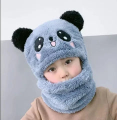Girls Boys Winter Hat scarf One Piece Cute Warm Ear and neck Protection Winter Warm Fleece Cute Cartoon Panda Hats Windproof