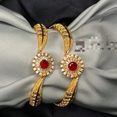 2 Pcs Gold Plated Indian Design Kara Bangles with Red Gemstone