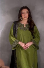 Women's Stitched Embroidered Linen Suit - 3 Pcs in Green
