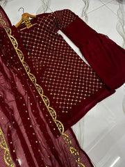 3 Pcs Women's Stitched Mirror Work Suit