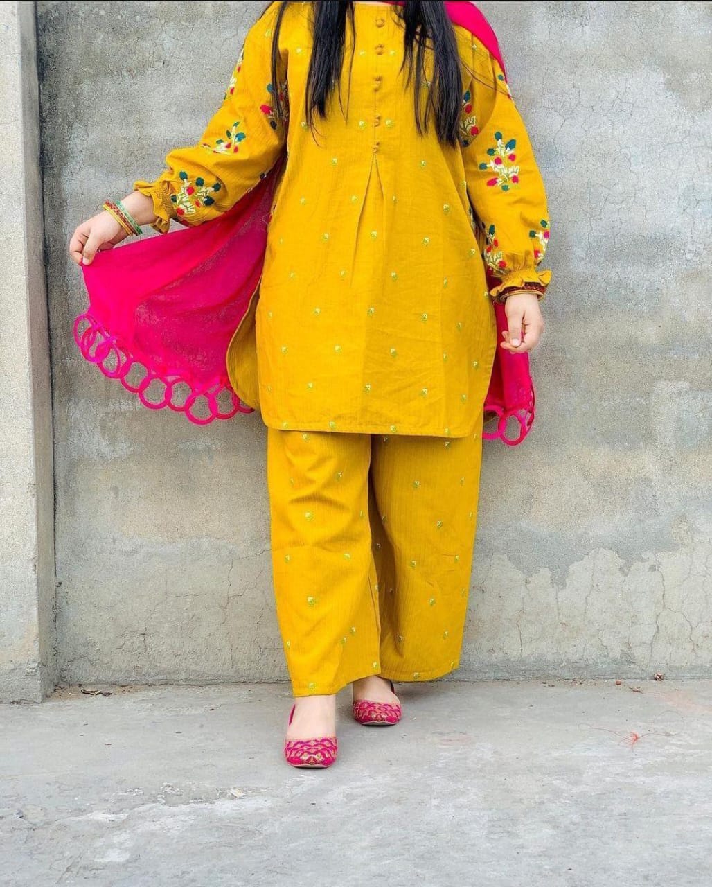 Chic Mustard Embroidered Shirt and Trouser Set - 2 Pcs