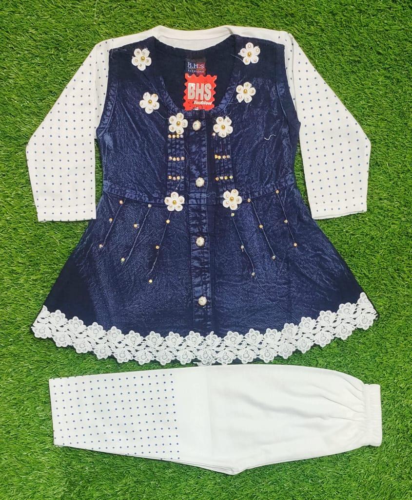 Charming Denim Frock And Trouser Set For Girls - 3 Pcs