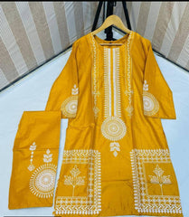 2 Pcs Women's Stitched Linen Block Printed Suit