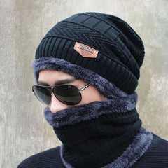 2pc Winter Cap Beanie Hat Cap Neck Warmer Scarf Set Fleece Lined Skull Cap and Scarf Unisex Hat & Scarf Set Stylish Knit Skull Cap for Men Women